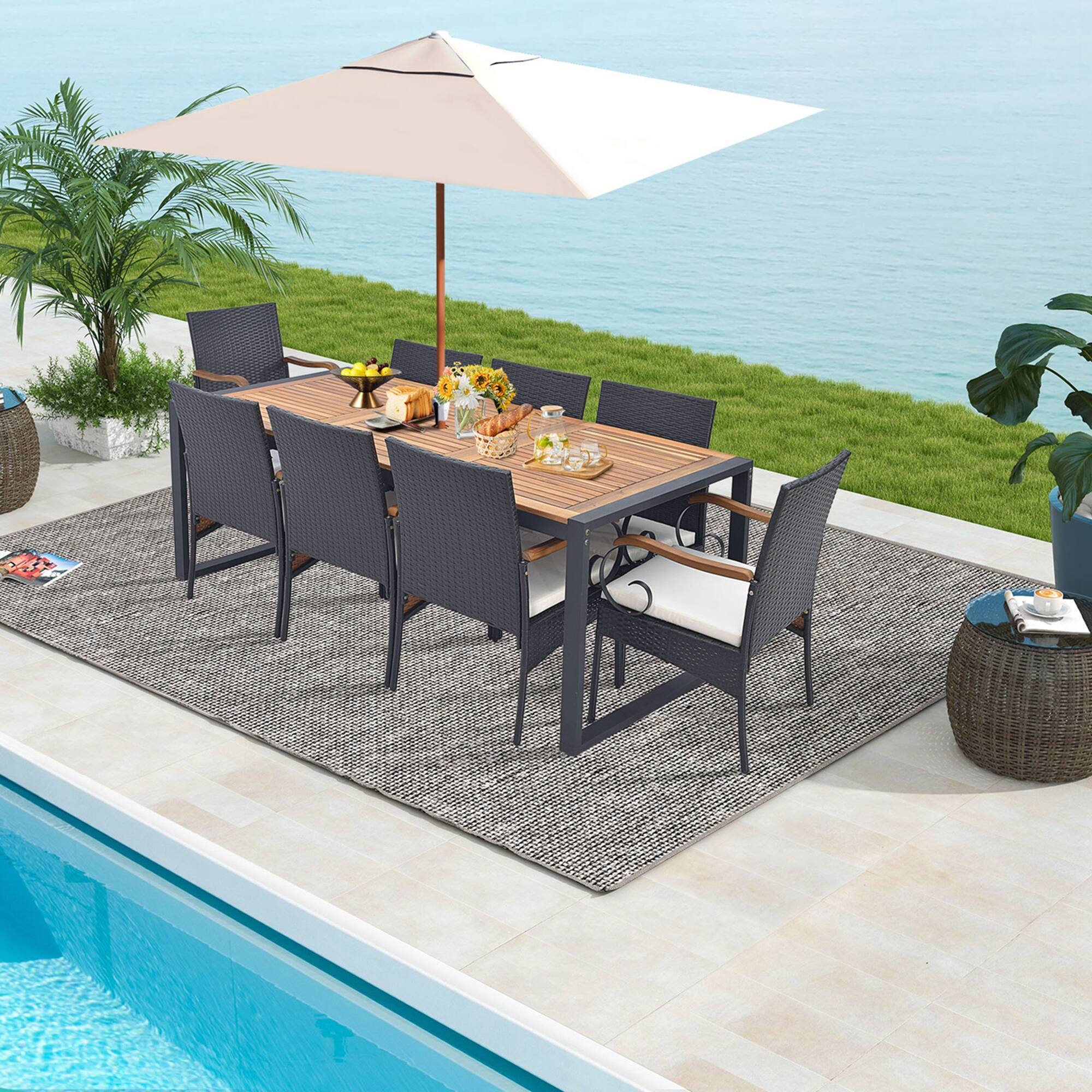 Alt View 1. Costway - 9 Pieces  Patio Rattan Dining Set with Acacia Wood Table, 1.9" Umbrella Hole - Mix Brown + Off White.