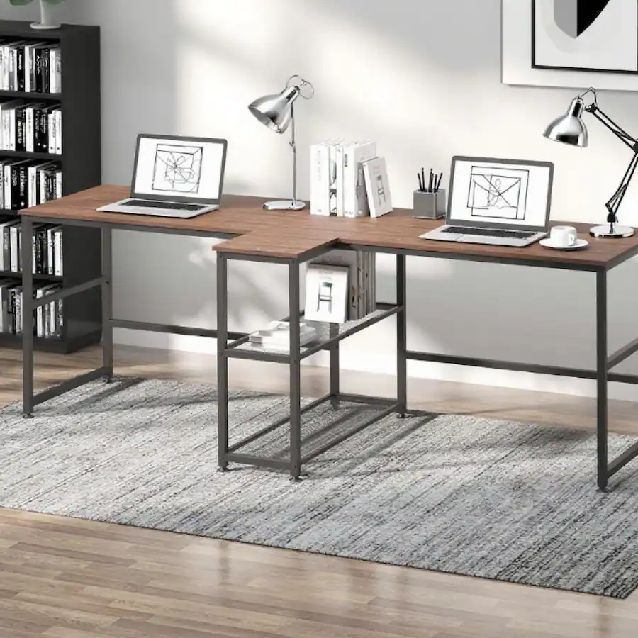 Work Stations Computer Double Rack GOODSILO Double Workstation Computer Desk with Built in Storage Shelves ...