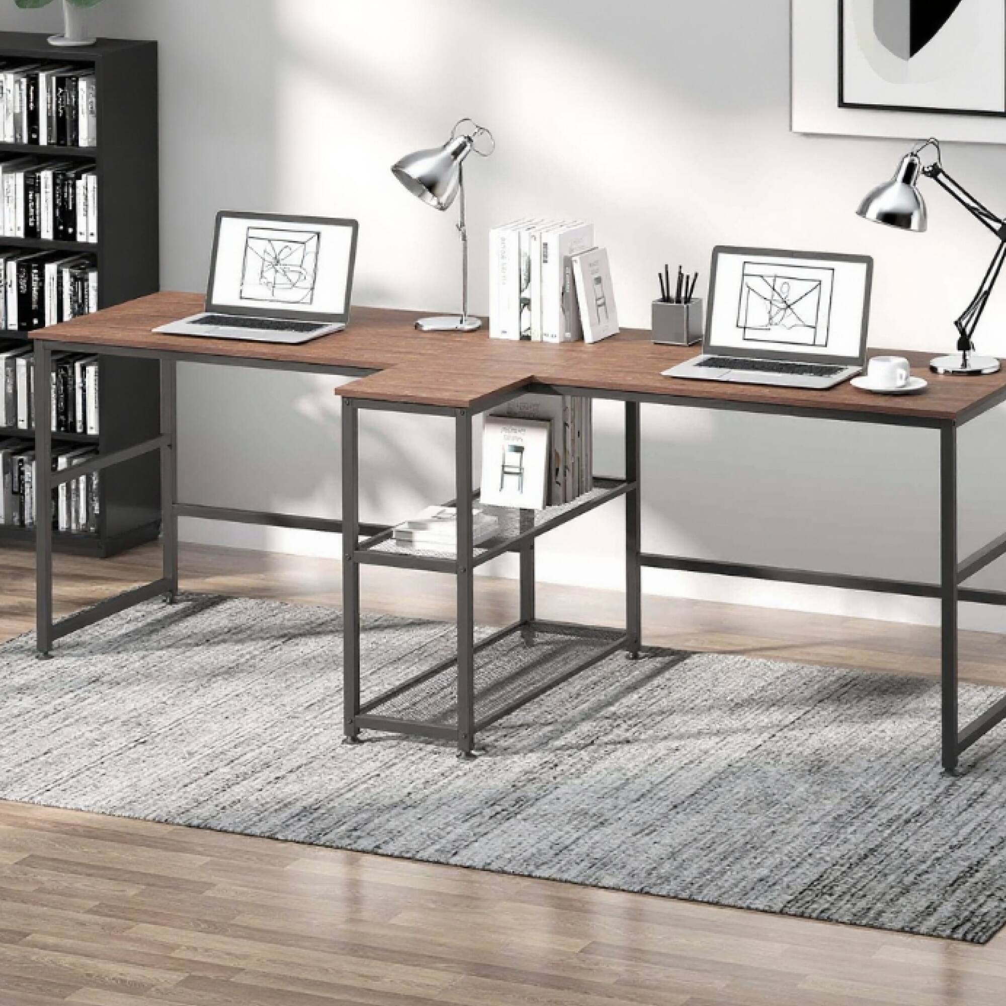 Angle. GOODSILO - Double Workstation Computer Desk with Built-in Storage Shelves and Bookcase for Home Office Organization - Dark Walnut.