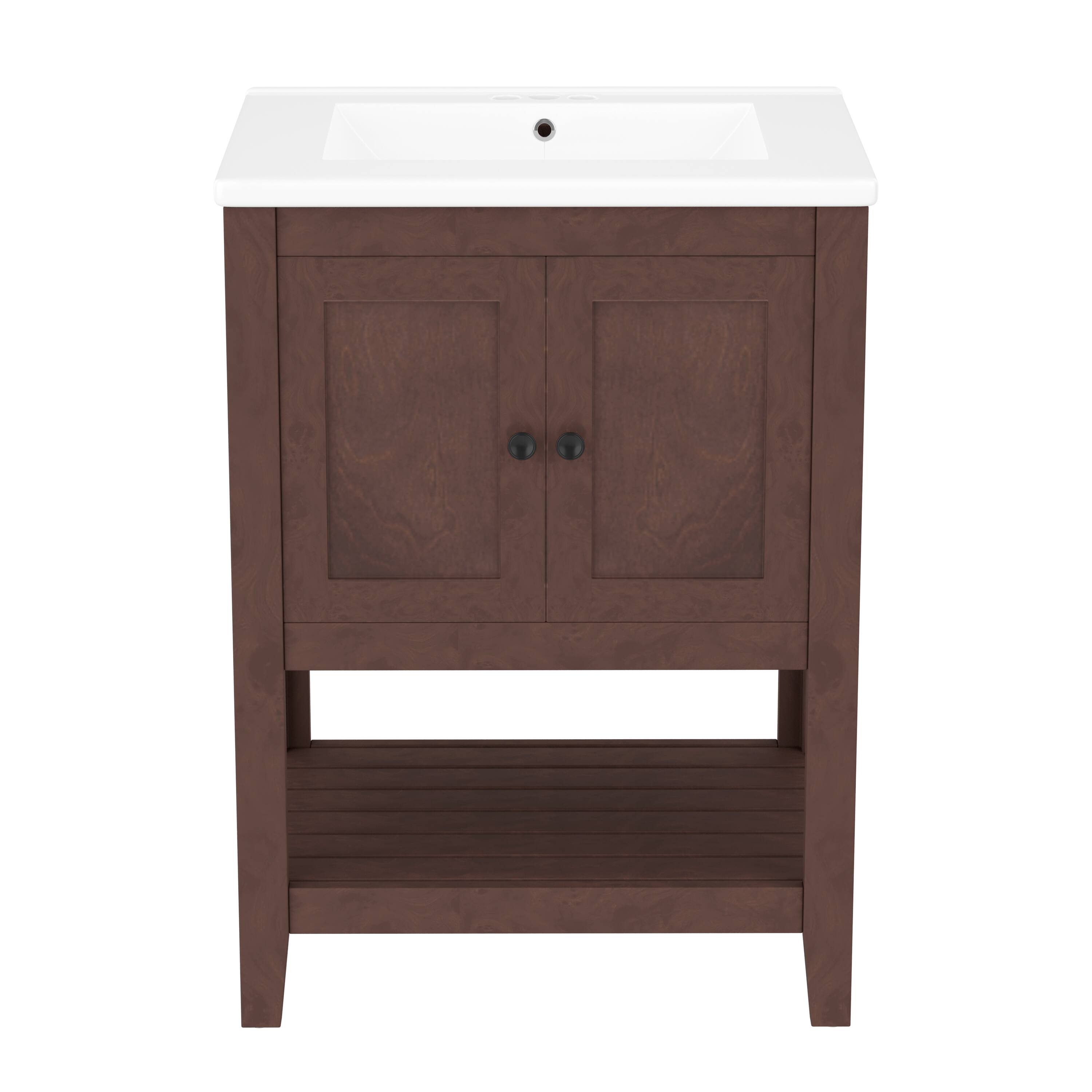 Back. Whisen - 24-Inch Freestanding Bathroom Vanity with Ceramic Sink and Open Style Shelf - Brown.