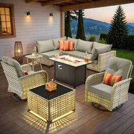 Ovios - 9 PCS Patio Furniture with 42" Fire Pit, All-Weather Rattan Sectional Sofa, Swivel Chair & Solar Table for Backyard - Dark Gray