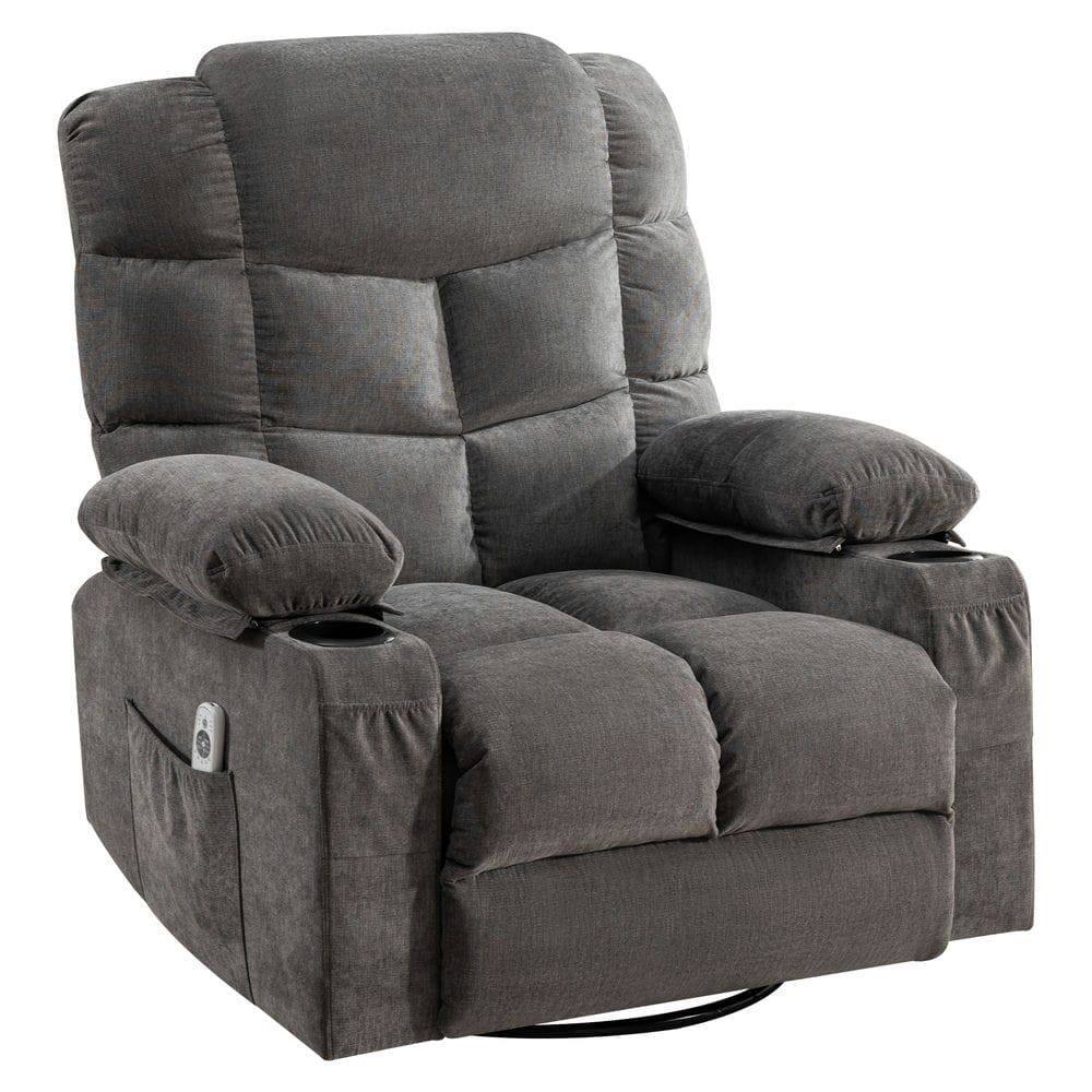 Left. Kadyn - Oversized Massage Swivel Recliner with Lumbar Heating, Cup Holders & USB Port, Living Room Chair - Gray.