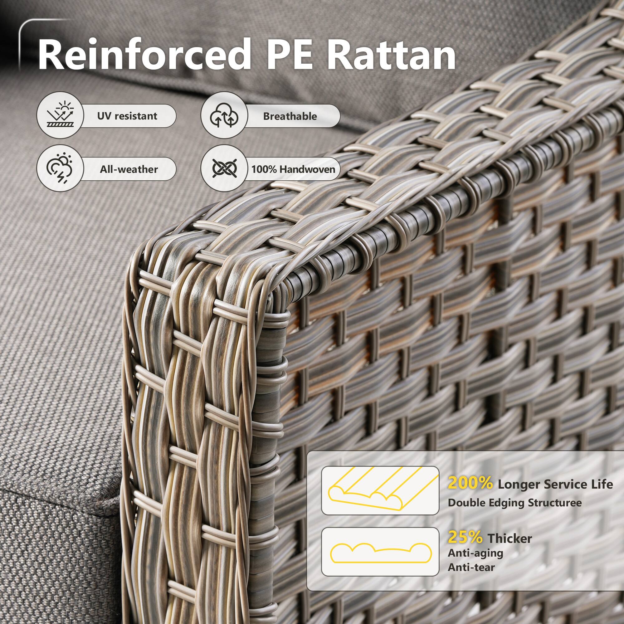 Reinforced PE Rattan

- UV resistant
- Breathable
- All-weather
- 100% Handwoven

200% Longer Service Life
Double Edging Structure

25% Thicker
Anti-aging
Anti-tear