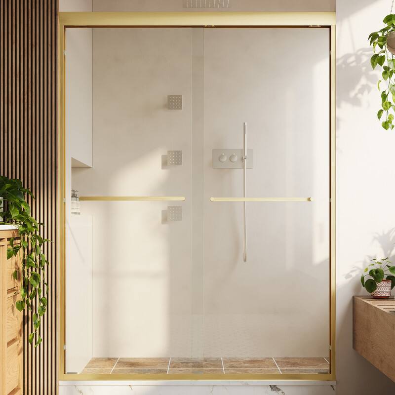 Alt View 8. WELLFOR - 50-54 in W x 72 in H Framed Shower Door with Double Sliding & Stainless Steel Towel Bar Handle, 1/4" Tempered Glass - Brushed Gold.