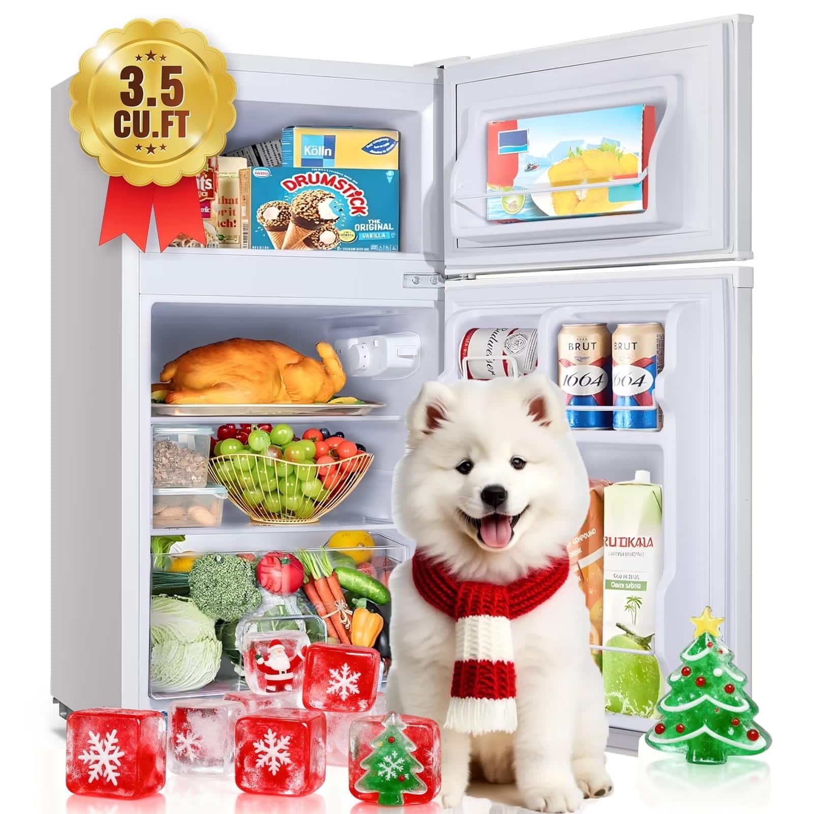 WANAI - Mini Refrigerator with 7-Level Adjustable Thermostat,3.5 Cu.Ft Dual Door Fridge for Home Dorm - White