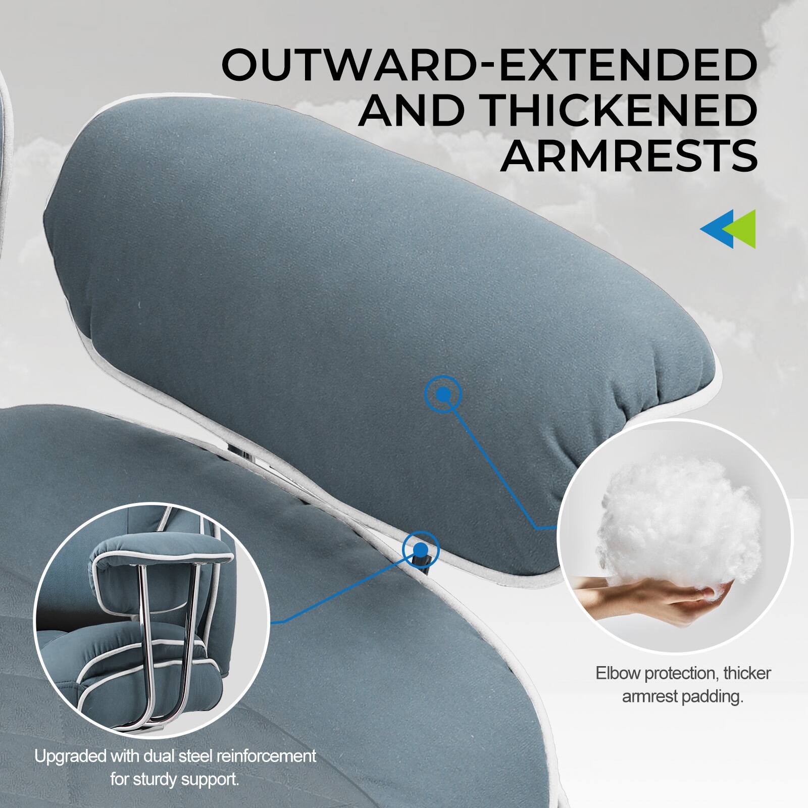 OUTWARD-EXTENDED AND THICKENED ARMRESTS

- Elbow protection, thicker armrest padding.
- Upgraded with dual steel reinforcement for sturdy support.
