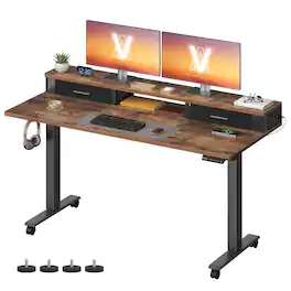 Songmics Home - Electric Standing Desk with Drawers, Sit Stand Desk with Built-In Power Strip, Adjustable Height, 55.1 x 23.6 Inches - Rustic Brown