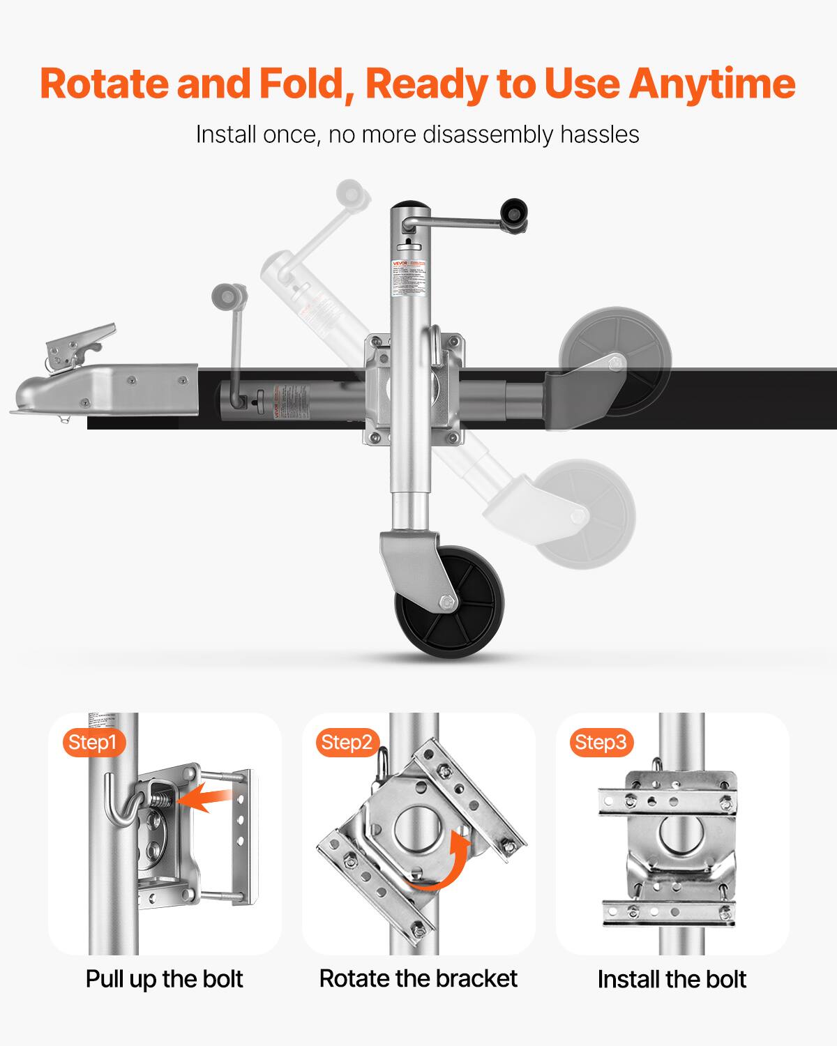 Rotate and Fold, Ready to Use Anytime  
Install once, no more disassembly hassles  

Step 1: Pull up the bolt  
Step 2: Rotate the bracket  
Step 3: Install the bolt