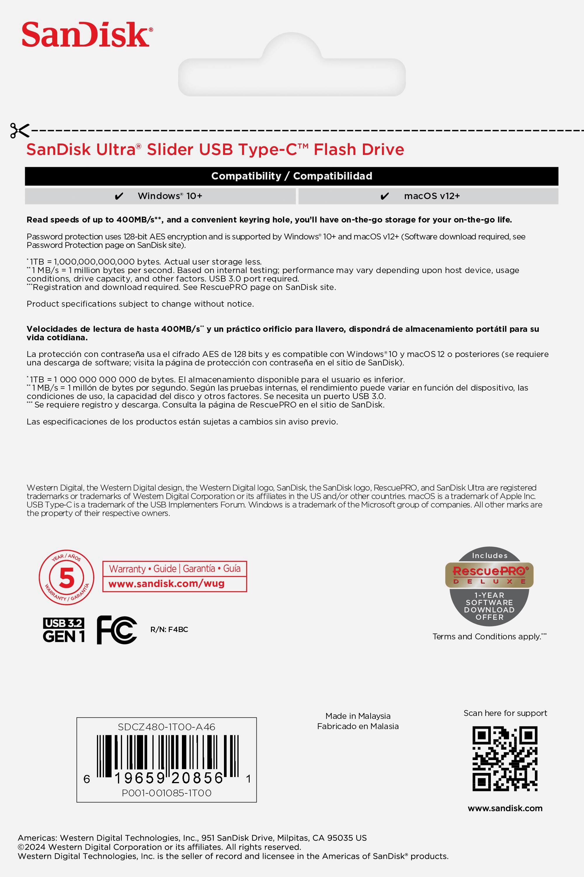 SanDisk Ultra Slider USB - Flash Drive Compatibility: Windows, macOS. Speeds: 400MB/s**, convenient keyring for on-the-go storage. Password protection and encryption. SanDisk supported. Windows, macOS (Software download required). 1GB - 128GB capacity. Actual storage capacity may vary. Based on internal testing under optimal conditions. Product specifications subject to change without notice.