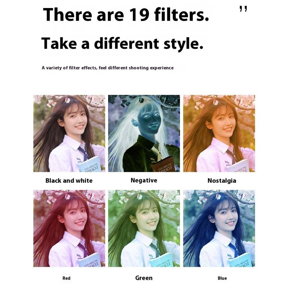 There are 19 filters.  
"Take a different style.  
A variety of filter effects, feel different shooting experience  

- Black and white  
- Negative  
- Nostalgia  
- Red  
- Green  
- Blue"
