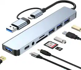 Core Tech - 8-in-1 USB-C Hub with USB 3.0, USB 2.0, SD/TF Card Reader and 3.5mm Audio - Silver