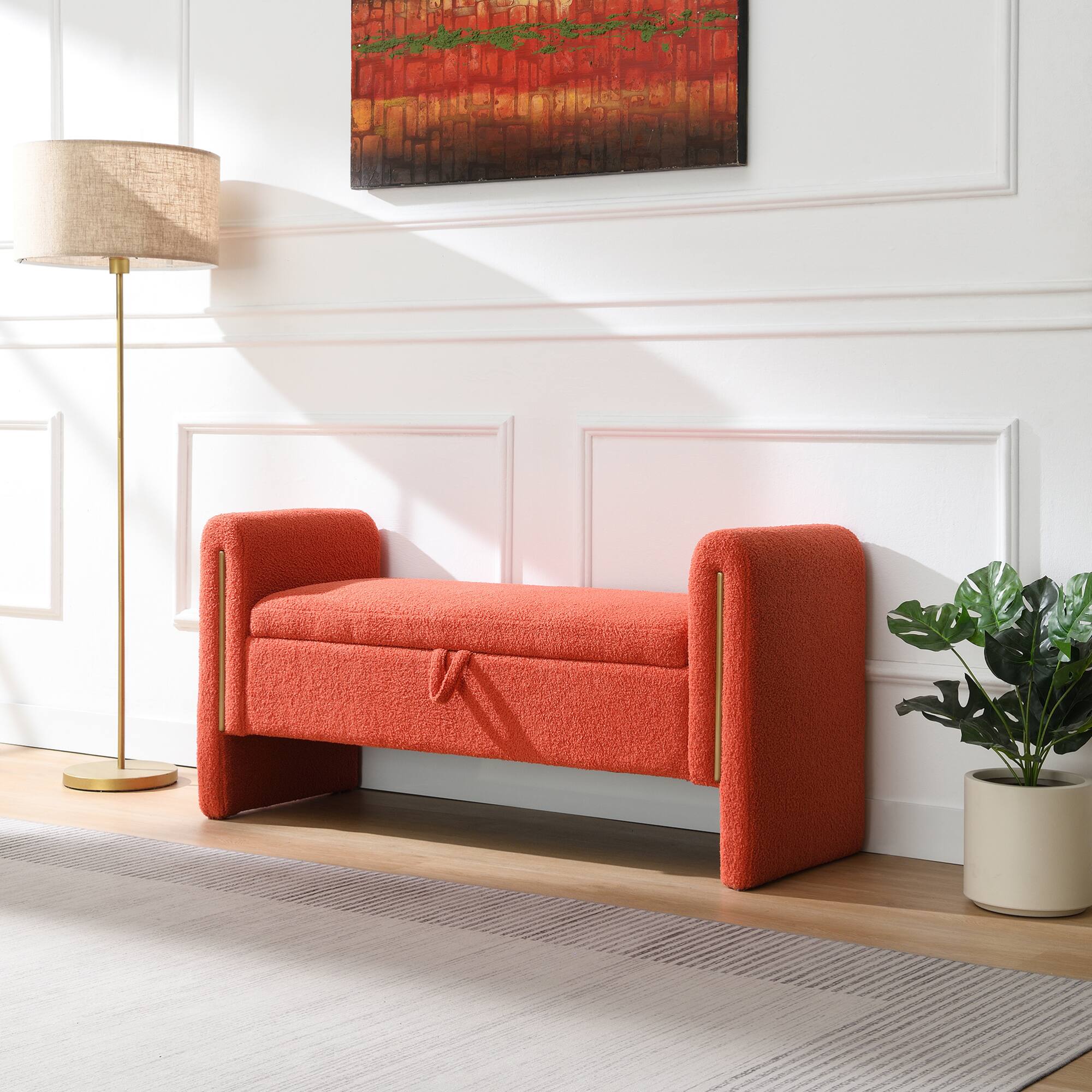 Angle. GOODSILO - Modern Upholstered Storage Bench with Arms, Large Foot Rest Stool for Living Room and Bedroom - Orange.