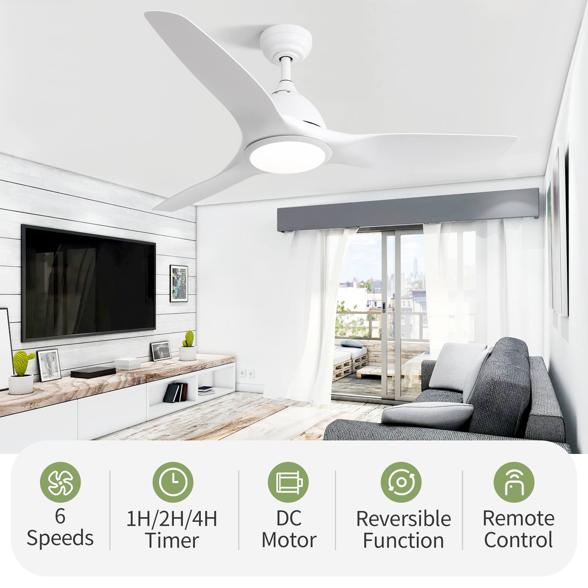 6 Speeds  
1H/2H/4H Timer  
DC Motor  
Reversible Function  
Remote Control