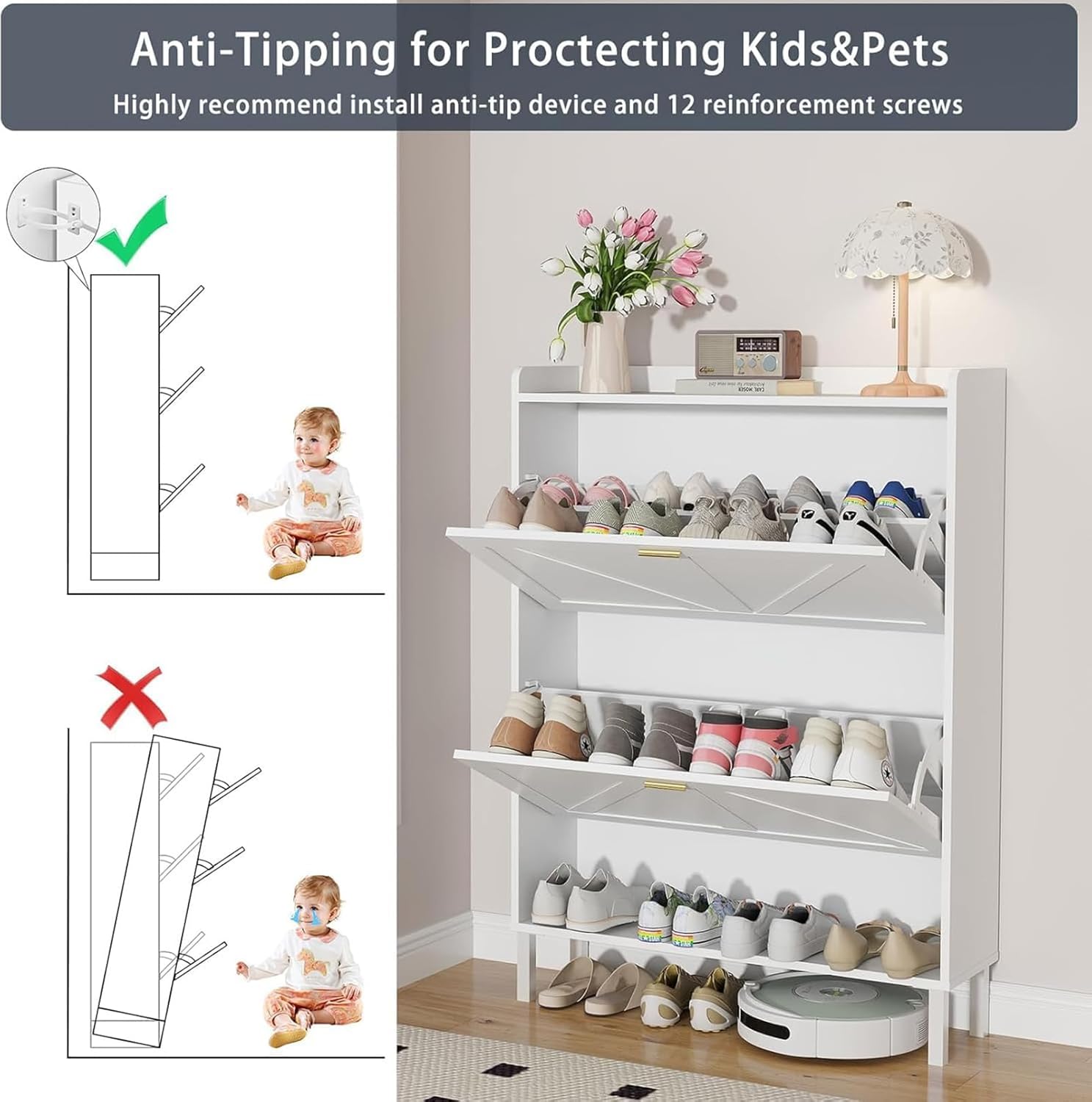Anti-Tipping for Protecting Kids&Pets
Highly recommend install anti-tip device and 12 reinforcement screws