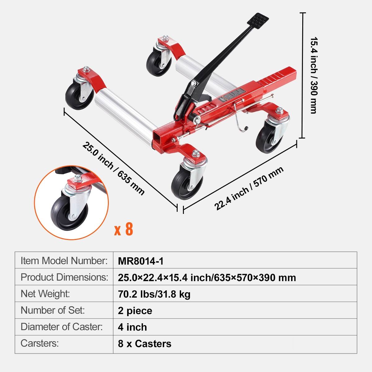 25.0 inch / 635 mm  
22.4 inch / 570 mm  
15.4 inch / 390 mm  

Item Model Number: MR8014-1  
Product Dimensions: 25.0x22.4x15.4 inch/635x570x390 mm  
Net Weight: 70.2 lbs/31.8 kg  
Number of Set: 2 piece  
Diameter of Caster: 4 inch  
Casters: 8 x Casters