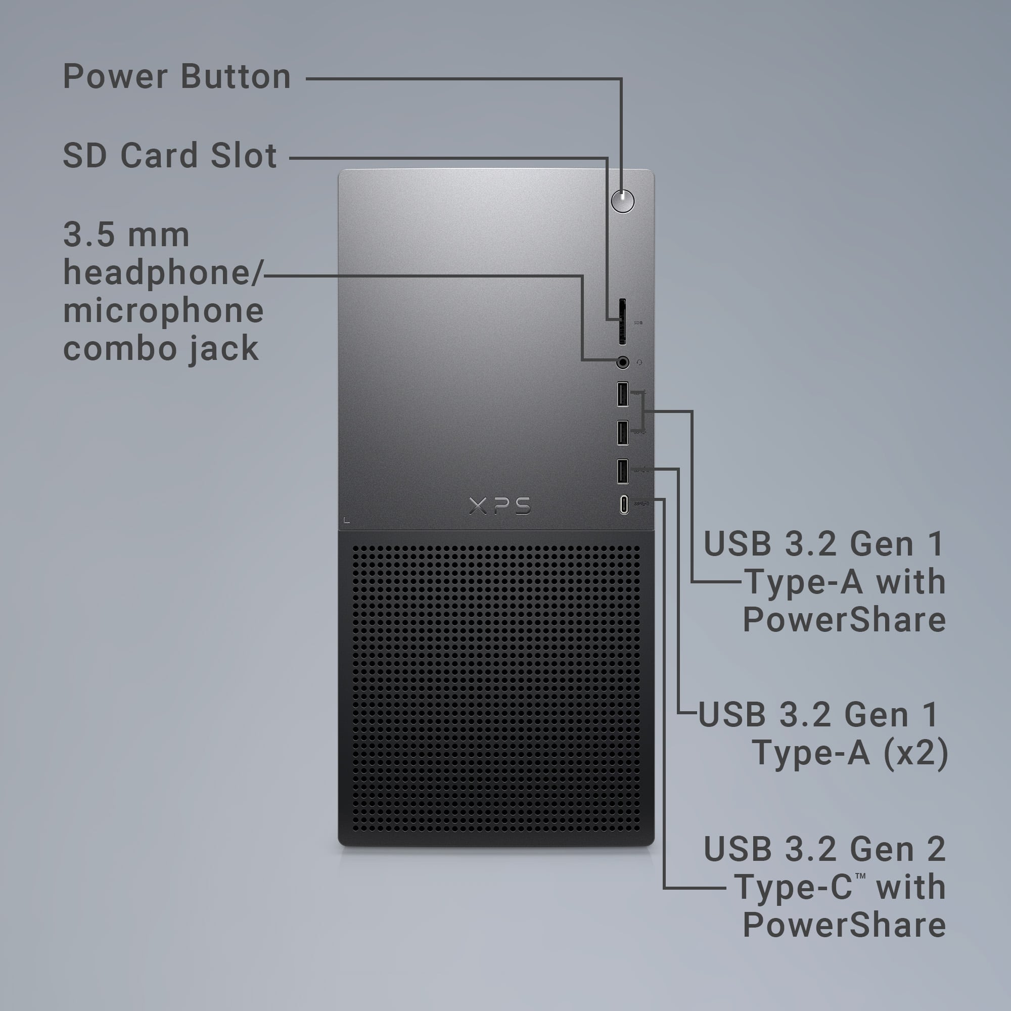 The image shows a computer tower with a USB 3.2 Gen 1 Type-A with PowerShare. The tower also has a 3.5 mm headphone/microphone combo jack and a SD card slot. The USB 3.2 Gen 2 Type-A with PowerShare is also present, along with the USB 3.2 Gen 1 Type-A with PowerShare. The power button is located on the tower as well.