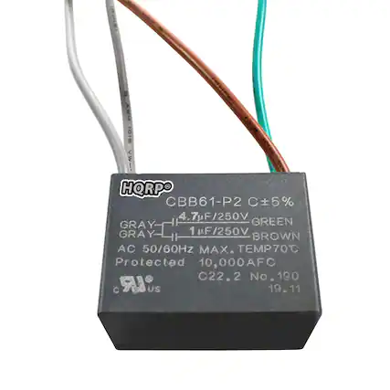 2 AWM 1015 VW-
HQRPO
CBB61-P2
C ±5%
4.7µF/250V
GRAY
1 µF/250V
GREEN
GRAY
BROWN
AC 50/60Hz
MAX. TEMP 70°C
Protected
10,000AFC
C22.2 No. 190
LR US
19.11
