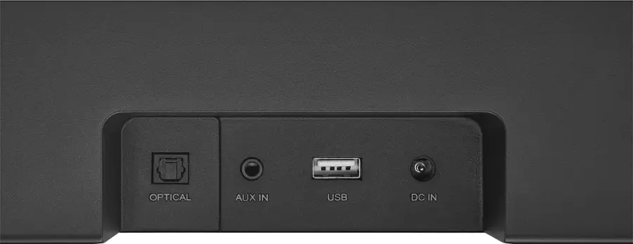 The text on the image reads "Optical Aux In USB DC In." This text is grouped and corrected to read "Optical Aux In, USB, DC In."
