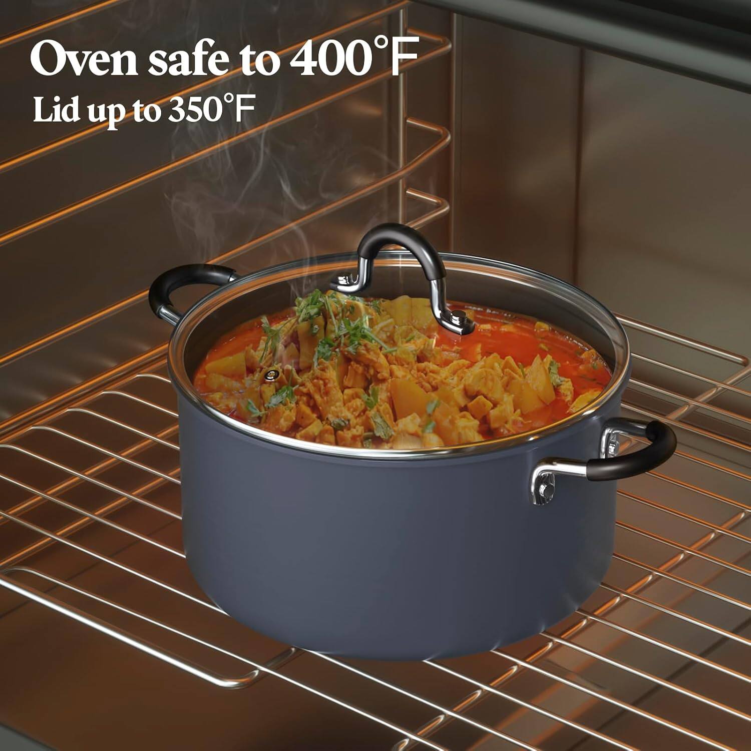 Oven safe to 400°F  
Lid up to 350°F
