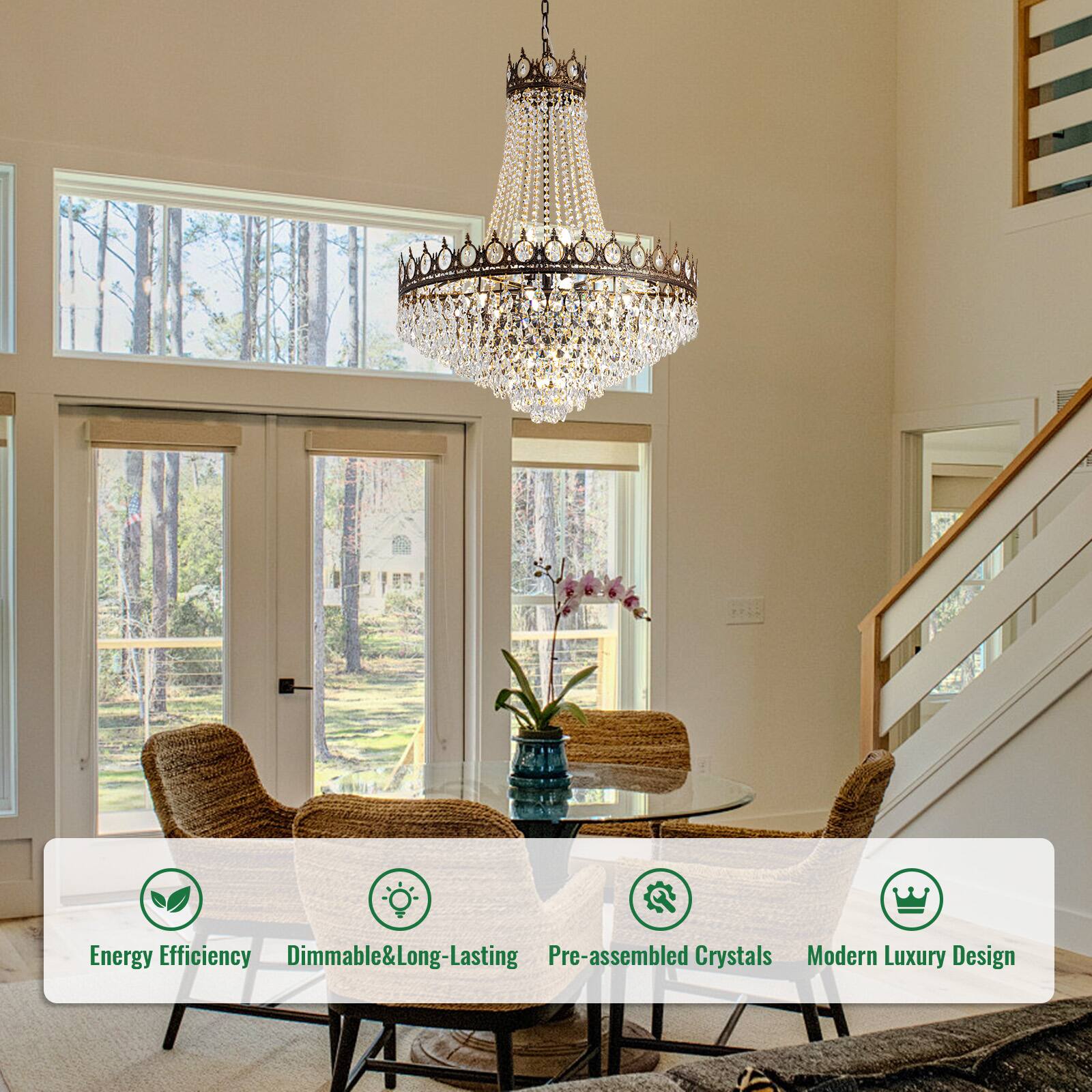 Energy Efficiency, Dimmable & Long-Lasting, Pre-assembled Crystals, Modern Luxury Design