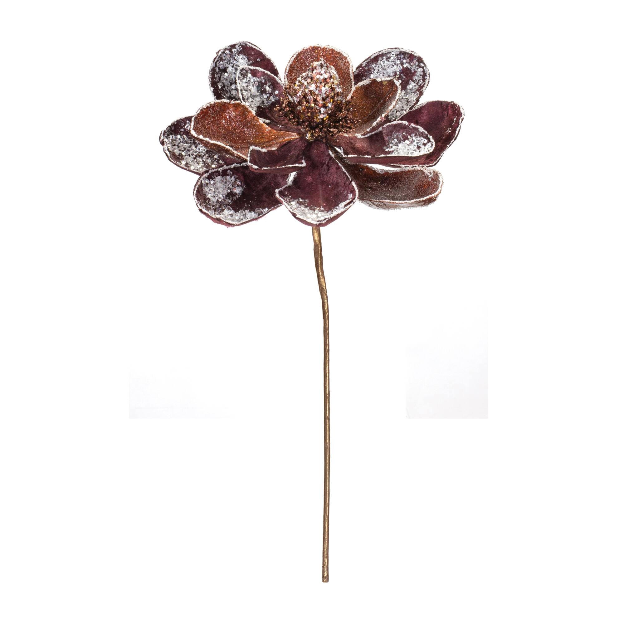 Angle. BreeBe - Glittered Magnolia Flower Stem (Set of 2) - Brown, Silver.