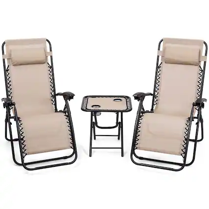 Front. Gymax - Gymax 3PC Zero Gravity Reclining Lounge Chairs Pillows Table Portable Folding Beige - Beige.