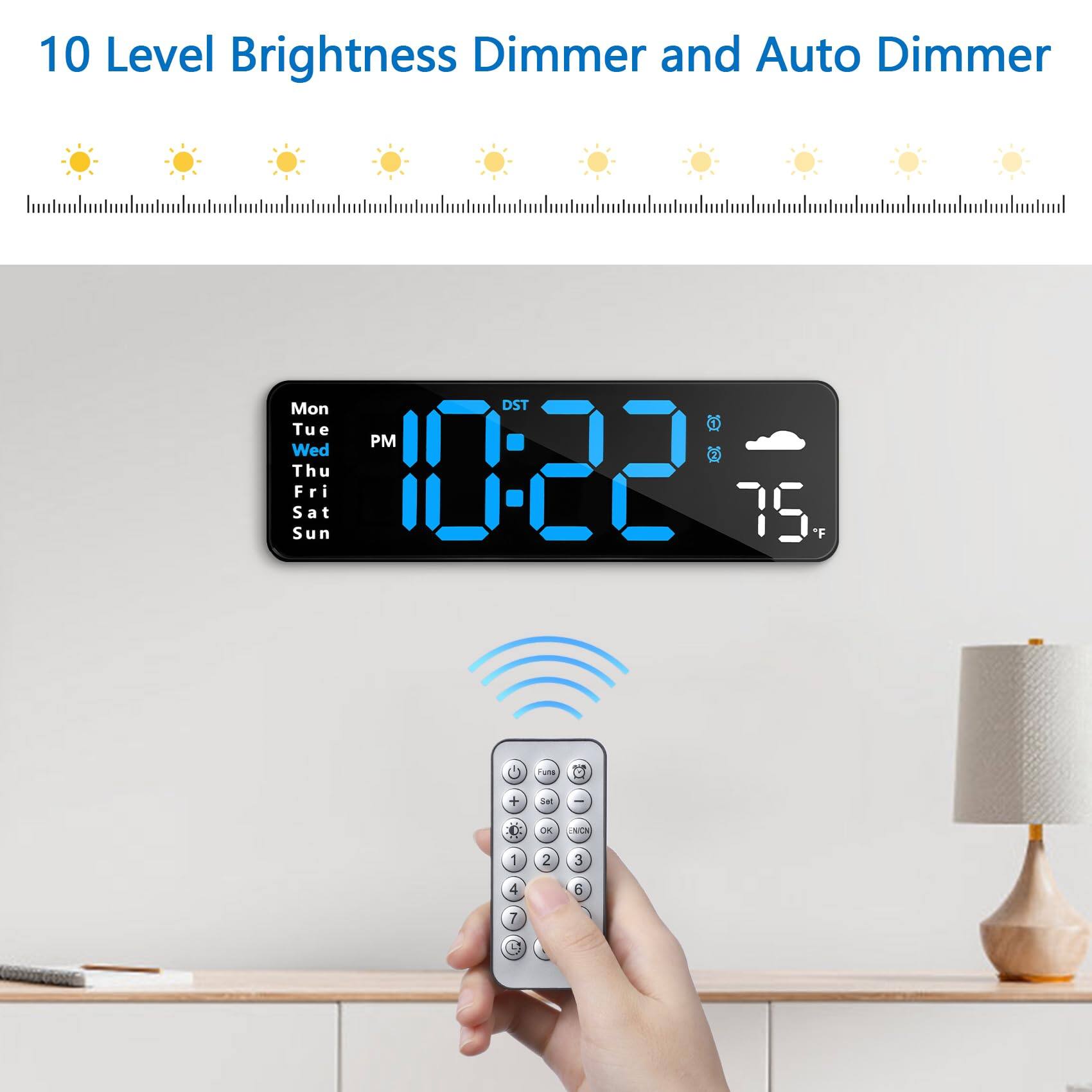 10 Level Brightness Dimmer and Auto Dimmer

Mon Tue Wed Thu Fri Sat Sun

PM 10:22

75°F

"F u o + ie - OK NC 1 2 3 4 6 7 4"