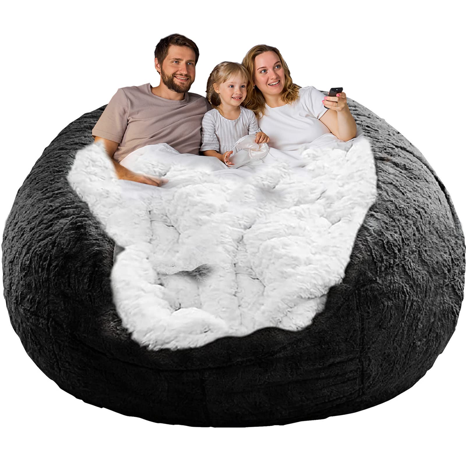 JETRANSPORT - Bean Bag Chair Cover Without Filler Round Soft Fluffy Pv Washable Lazy Sofa Bed For Adults Living Room - Black 6ft