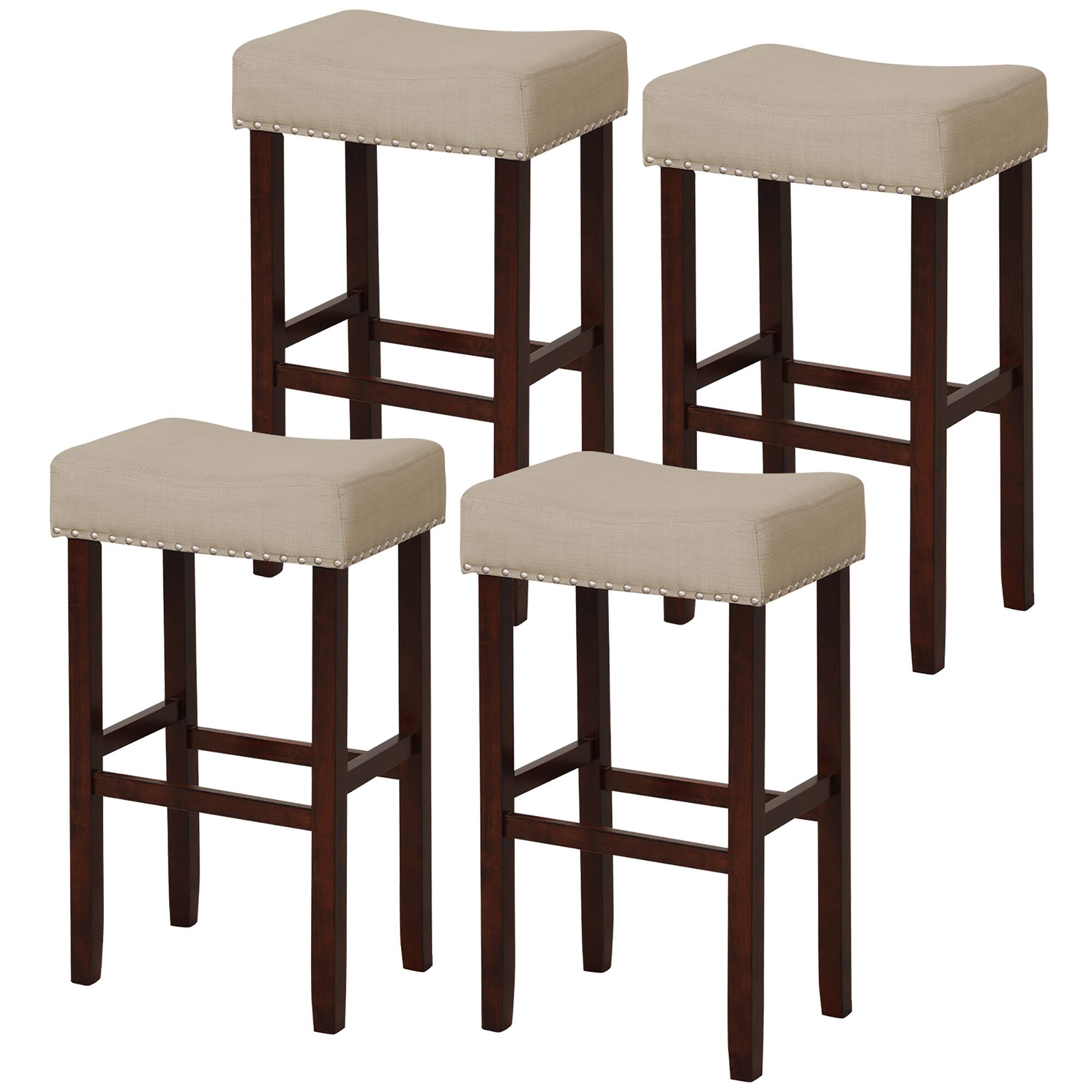 Gymax - Set of 4 Bar Stools Bar Height Saddle Kitchen Chairs w/ Wooden Legs Beige - Beige + Brown