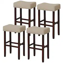 Gymax - Set of 4 Bar Stools Bar Height Saddle Kitchen Chairs w/ Wooden Legs Beige - Beige + Brown