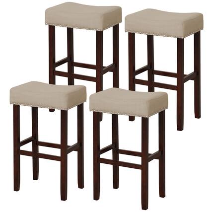 Front. Gymax - Gymax Set of 4 Bar Stools Bar Height Saddle Kitchen Chairs w/ Wooden Legs Beige - Beige + Brown.