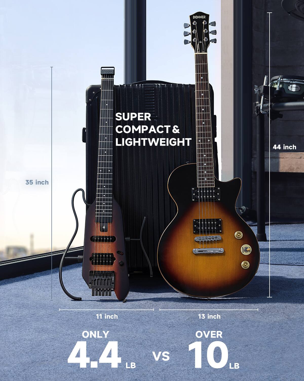 SUPER COMPACT & LIGHTWEIGHT 44 inch 35 inch 11 inch 13 inch ONLY 4.4 LB VS OVER 10 LB