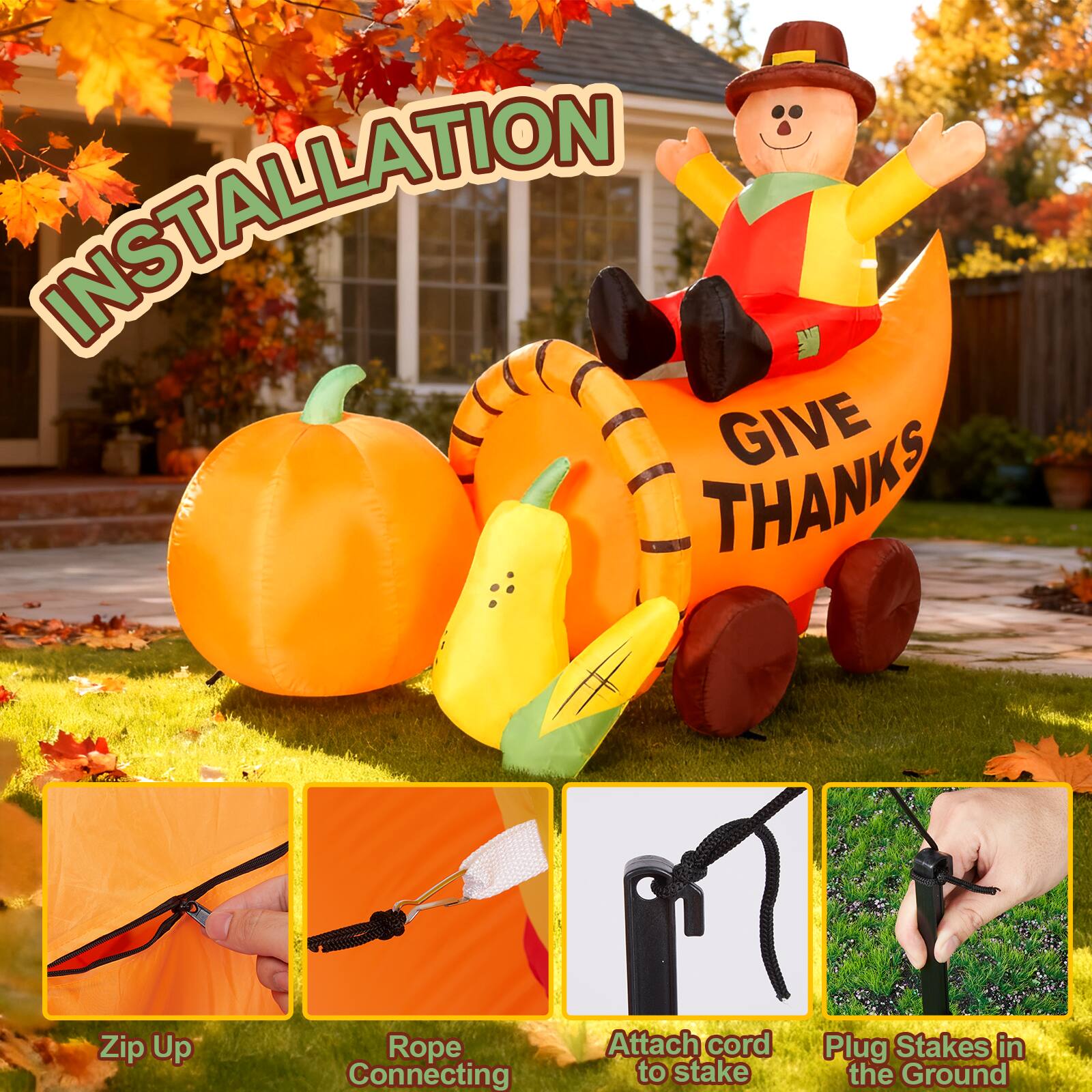 **Installation**

1. Zip Up
2. Rope Connecting
3. Attach cord to stake
4. Plug Stakes in the Ground