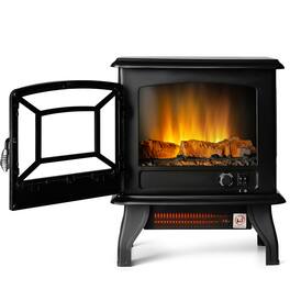 Costway - 20" Freestanding Electric Fireplace Heater Stove W/ Thermostat & Flame Effect - Black