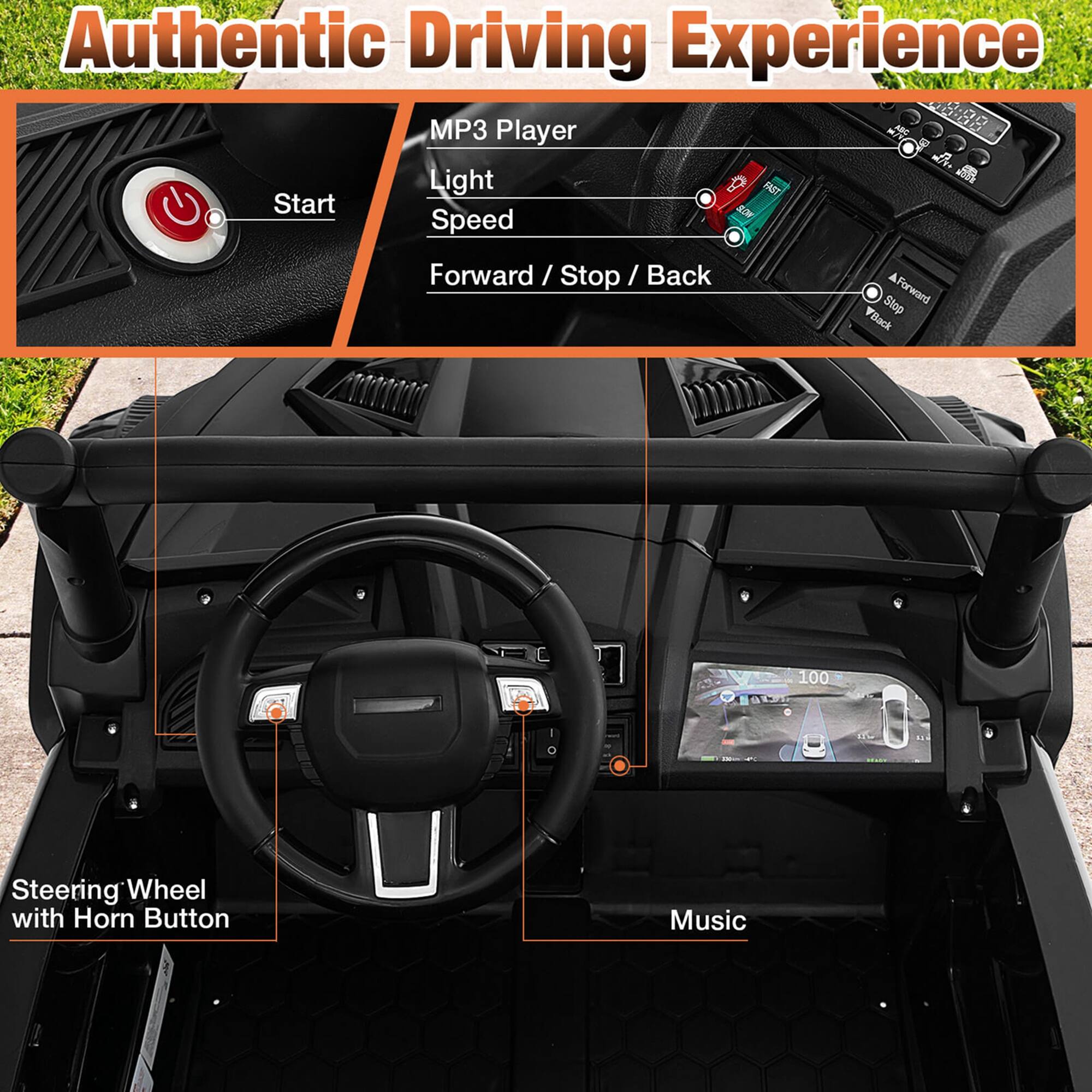 Authentic Driving Experience

- Start
- MP3 Player
- Light
- Speed
- Forward / Stop / Back
- Steering Wheel with Horn Button
- Music