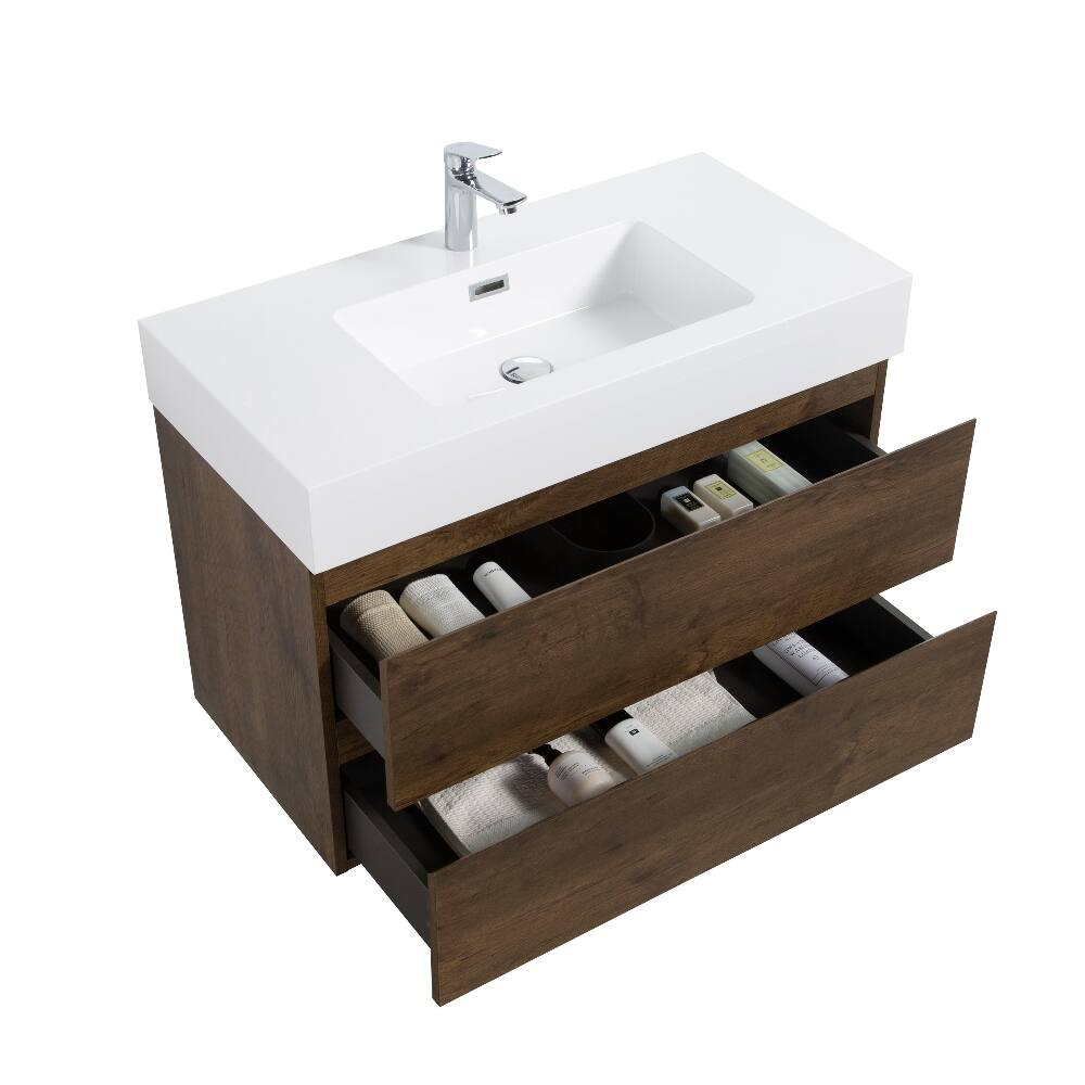 Alt View 2. Loheer - Loheer 36 inch walnut bathroom vanity wall mounted floating vanity with white sink basin pre-assembled - White+Walnut.