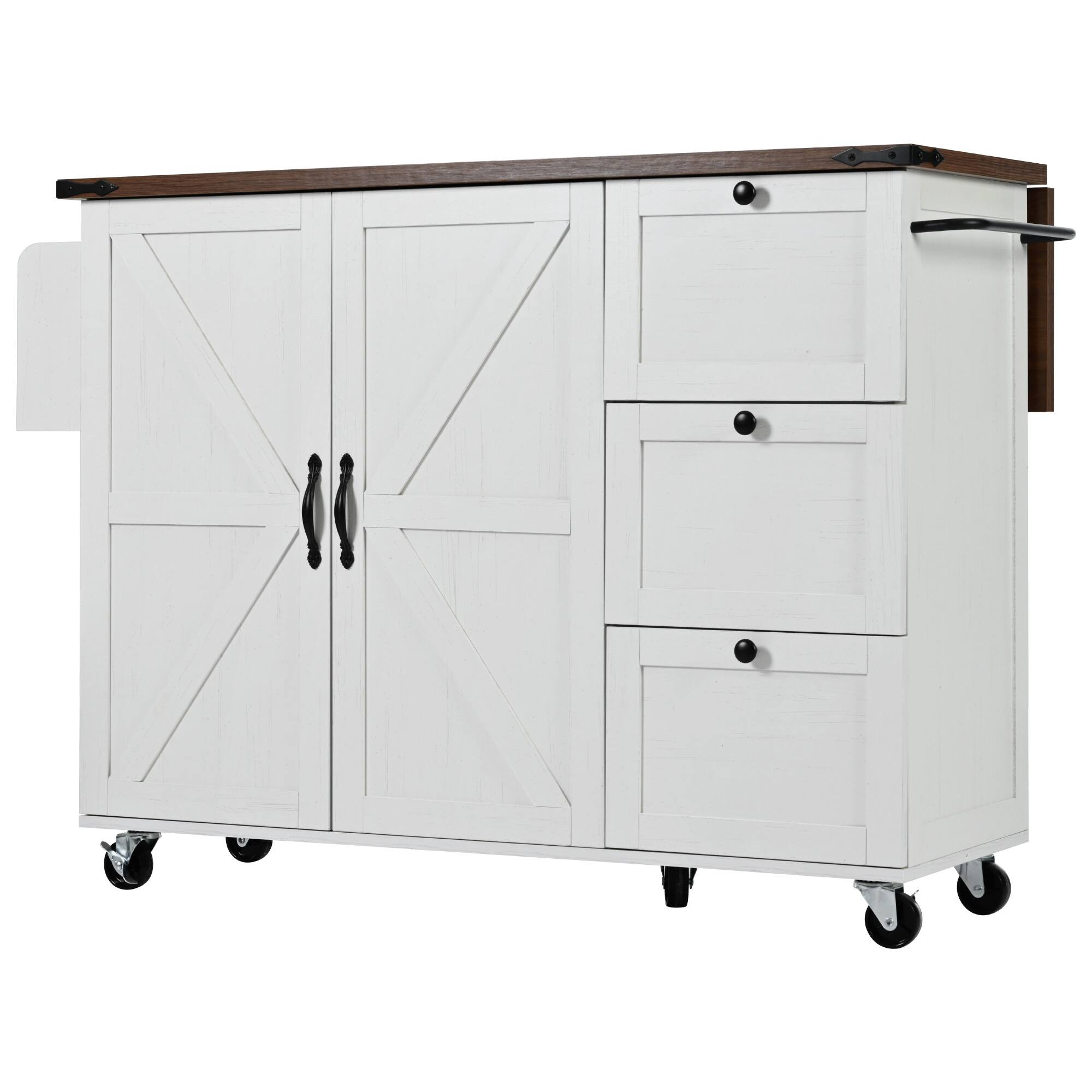 Alt View 6. PexFix - 54.5" Farmhouse Kitchen Island Cart with Built-in Power Outlet, Drop Leaf and Rolling Casters - White.
