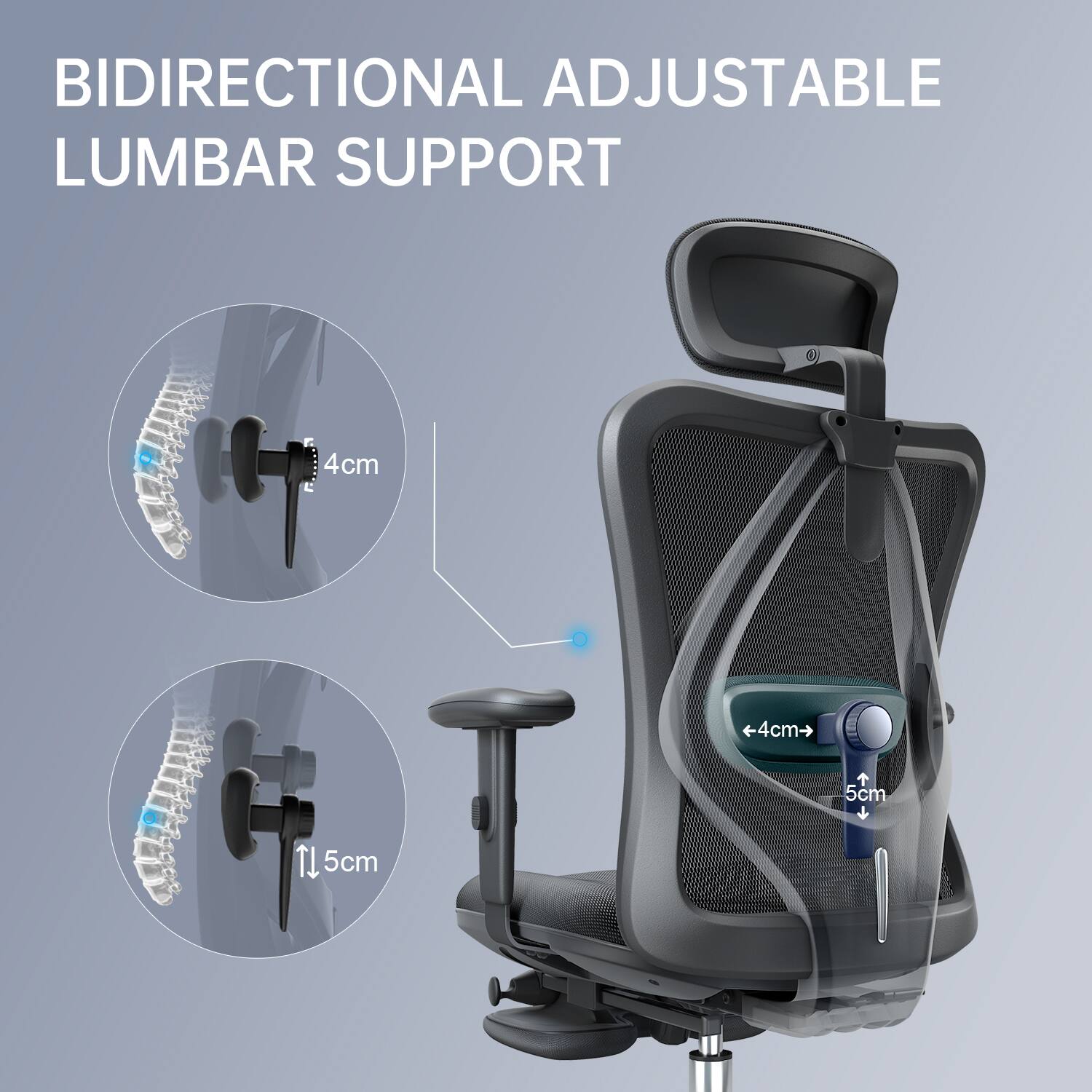 BIDIRECTIONAL ADJUSTABLE LUMBAR SUPPORT

4cm

5cm