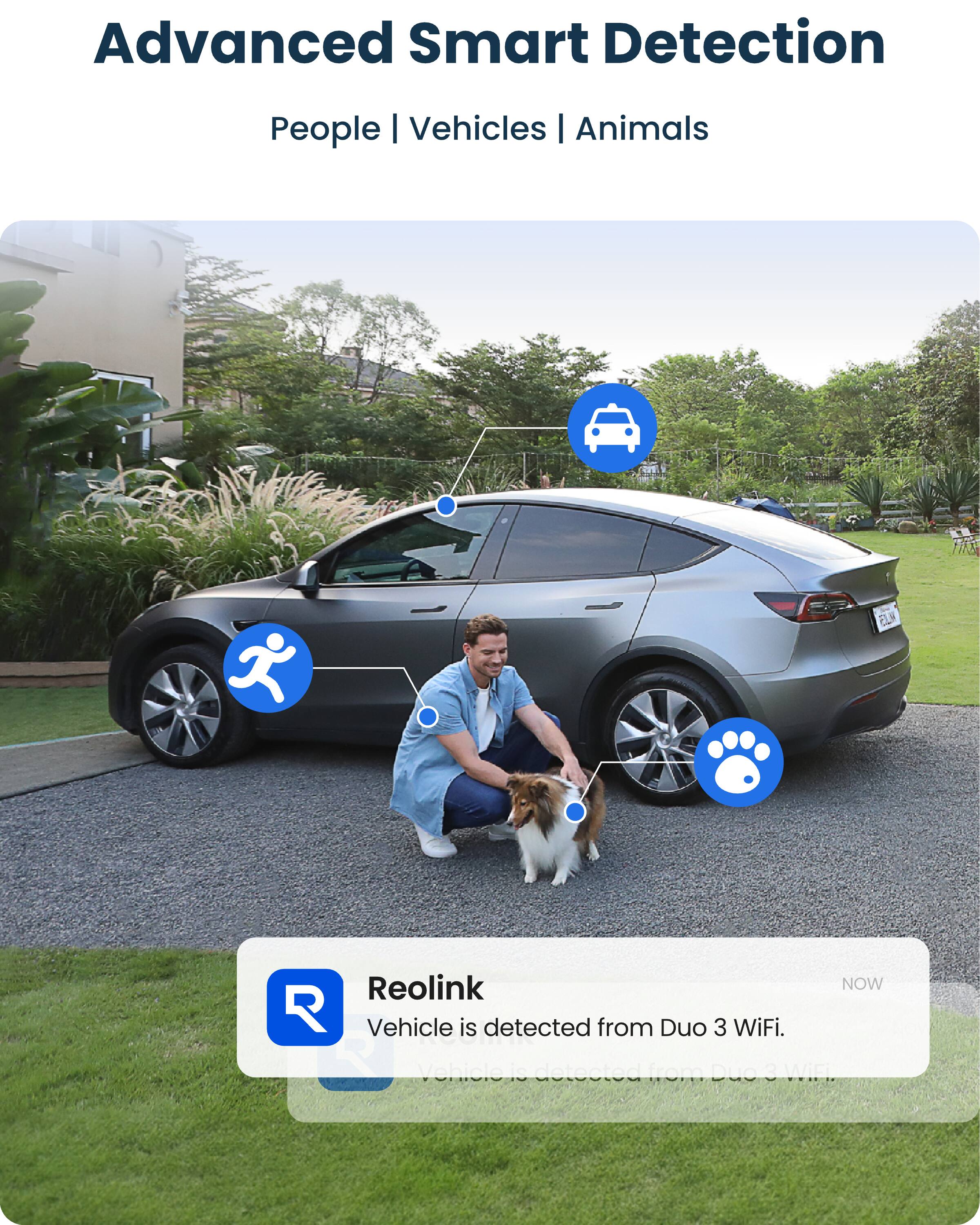 Advanced Smart Detection  
People | Vehicles | Animals  

ELM  
Reolink  
NOW  
Vehicle is detected from Duo 3 WiFi.