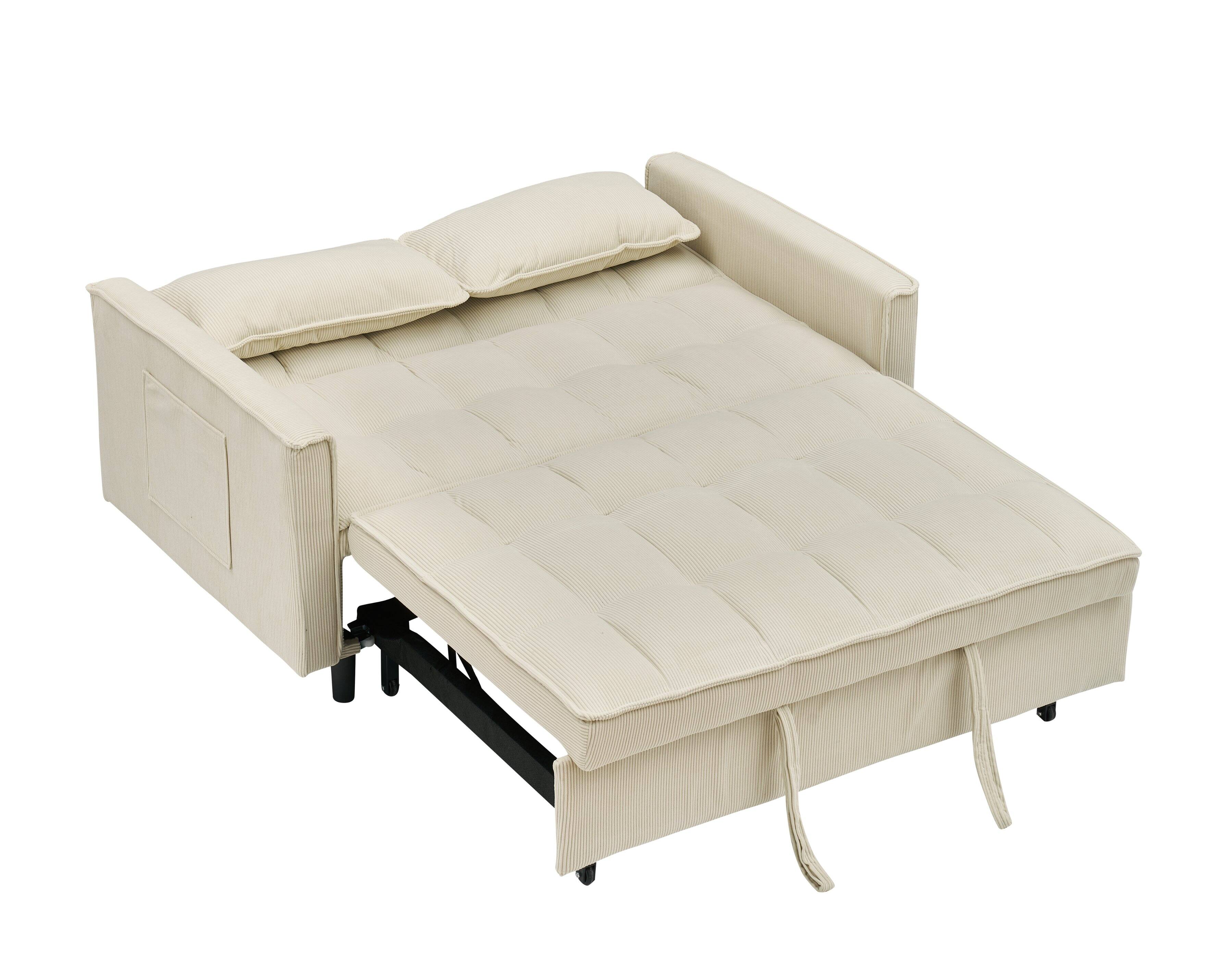 Alt View 2. GOODSILO - Elegant 55-Inch Velvet Sofa Bed with Storage Pockets - Three-in-One Convertible Design - Beige.
