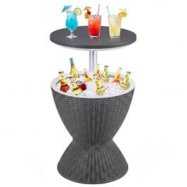 Costway - 8 Gallon 3 in 1 Patio Rattan Cooler Bar Table Adjust Ice Bucket - Gray