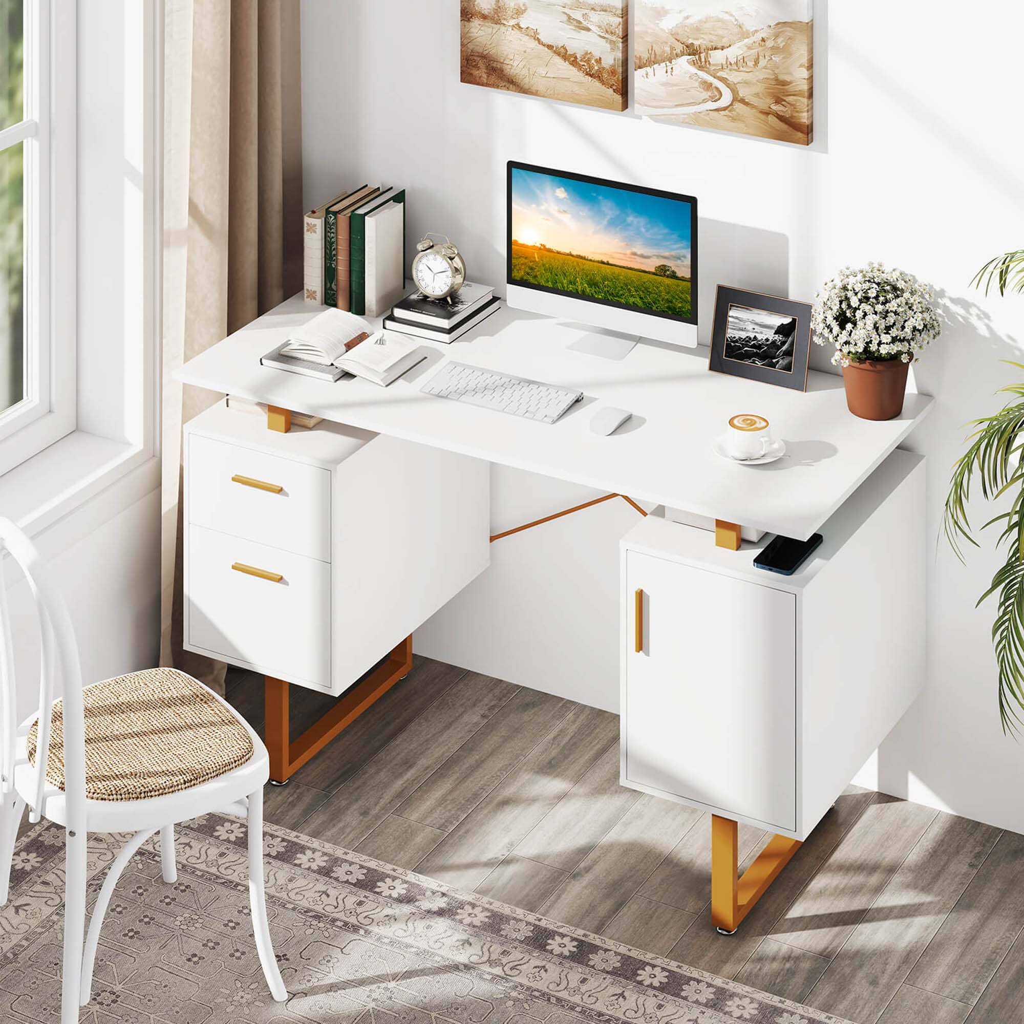 Alt View 1. Costway - Costway 51" Home Office Desk with Floating Desktop Dual Drawers Cabinet & Metal Frame - White.