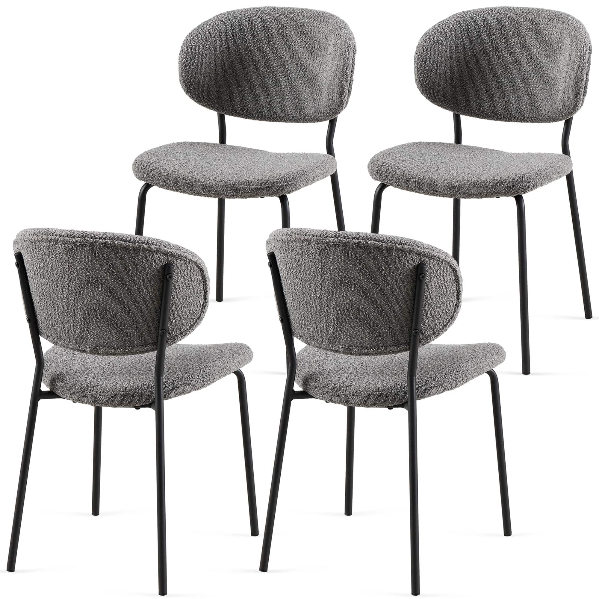 Lirago - 23 Inch Boucle Fabric Dining Chairs Set of 4 Mid Century Modern Design Curved Backrest Metal Legs - Gray