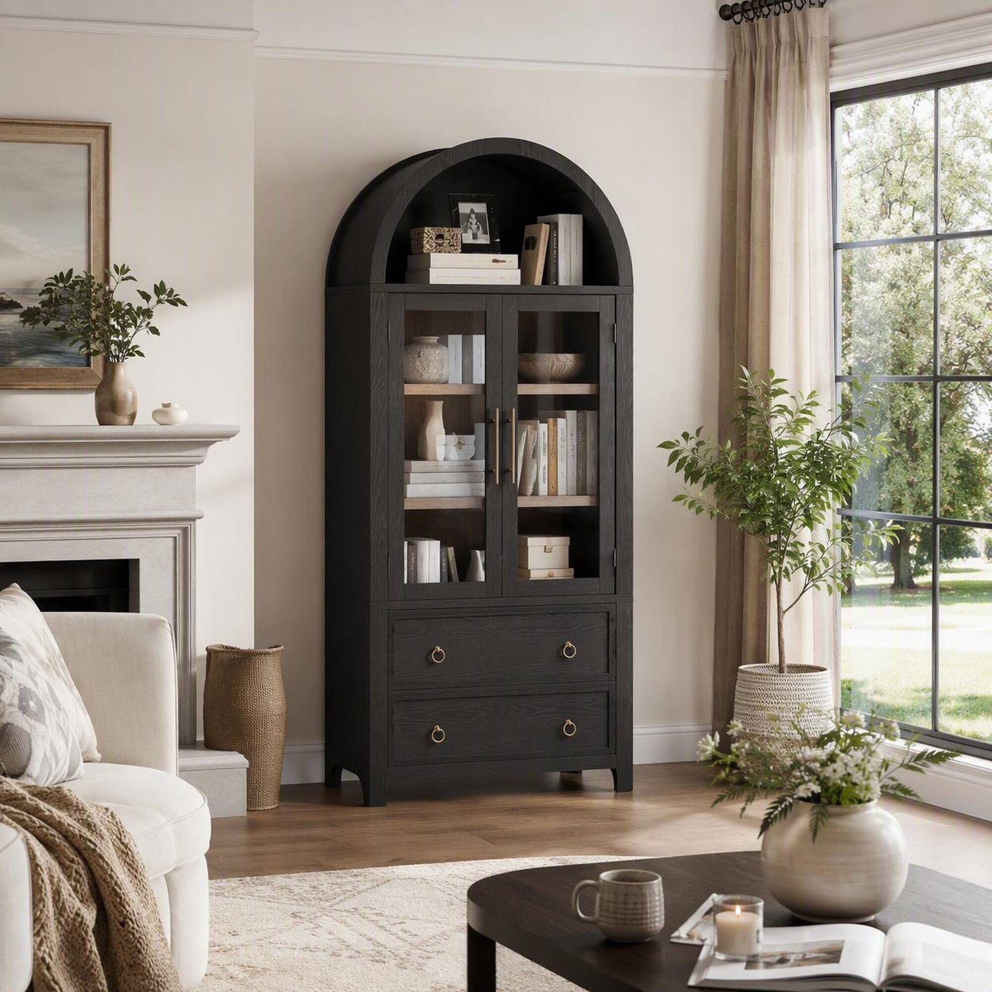 Back. RYHNUYNE - Freestanding 71 Inch Arched Kitchen Pantry Cabinet with 2 Drawers and Adjustable Shelves, Glass Door, Black - Black.