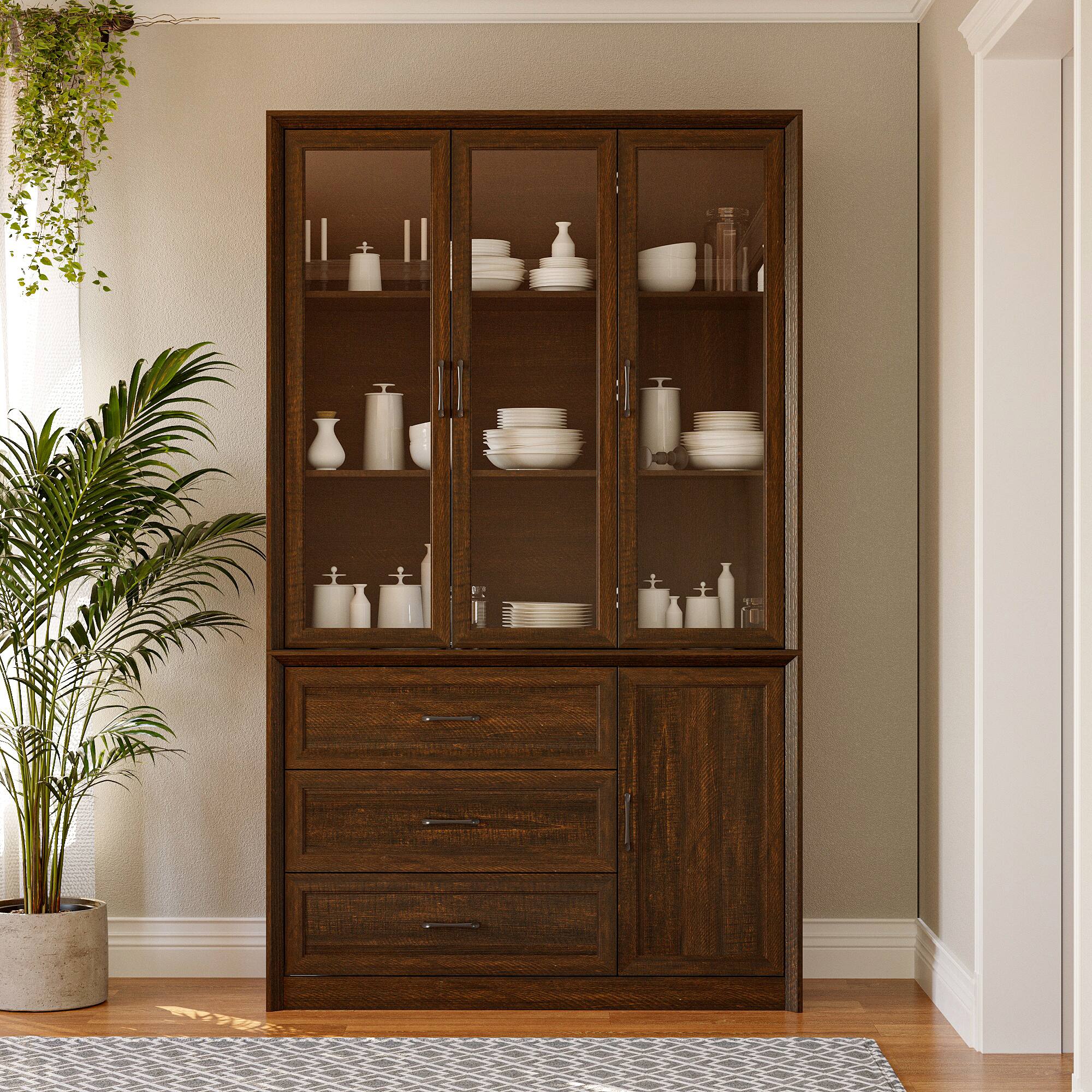 Angle. FUFU&GAGA - Multi-Purpose Large Glass Door Cabinet with Shelves and Drawers for Living Room or Kitchen Storage - Brown.