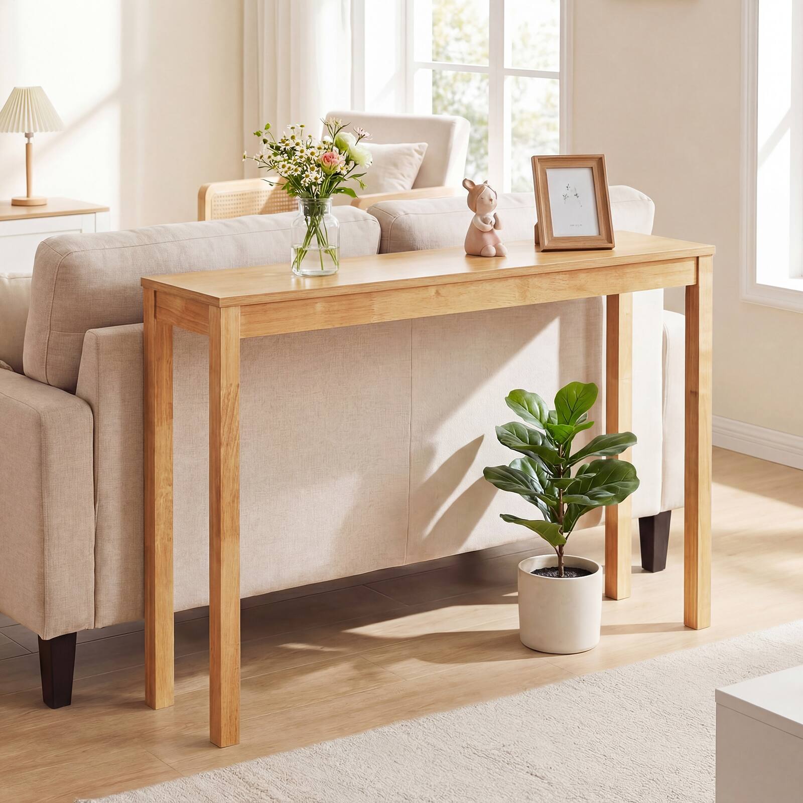 Alt View 3. Gymax - Gymax 48'' Modern Farmhouse Sofa Table w/Thickened Top & Solid Wood Legs for Entryway Natural - Yellow.