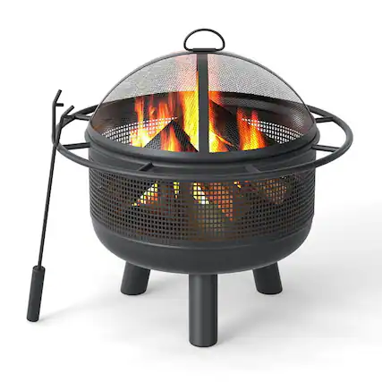Front. Mondawe - 24 Inch Wood Burning Fire Pit with Log Grate and Mesh Screen for Outside - Black.