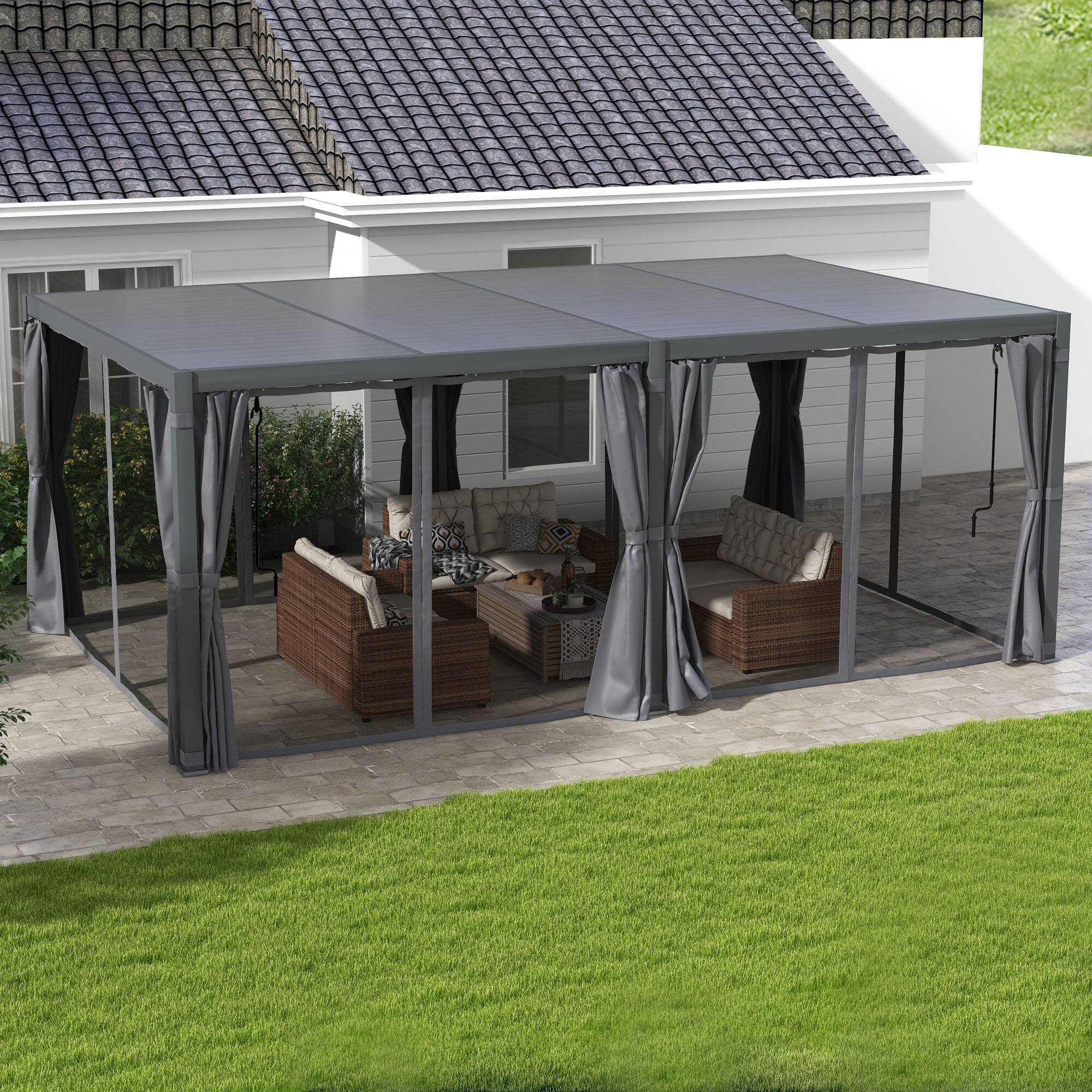 Alt View 1. Outsunny - 12' x 19' Louvered Pergola Hardtop Gazebo with Adjustable Aluminum Roof and Frame, Outdoor Pergola - Dark Gray.
