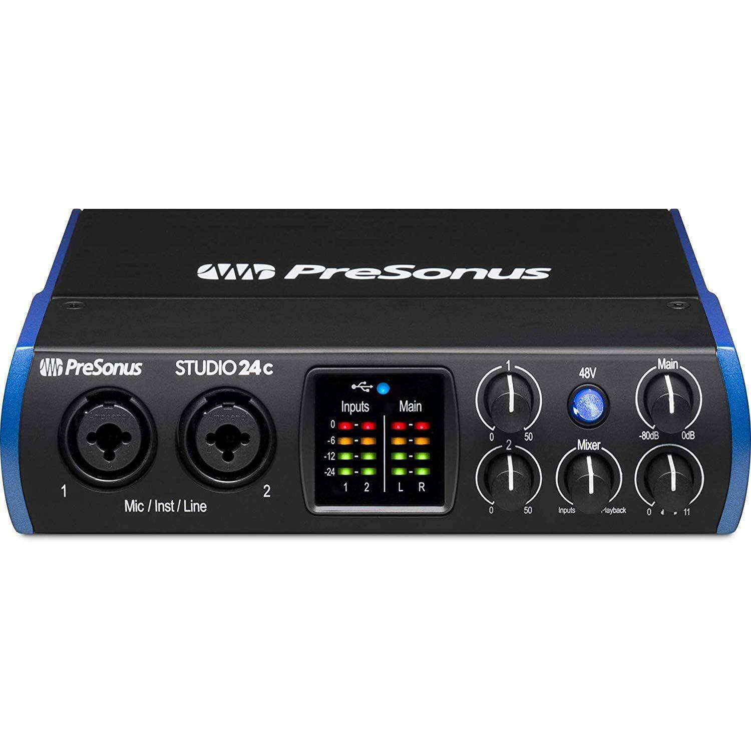 PreSonus STUDIO 24c

1 2 Mic/Inst/Line Inputs
-6 -12 -24

1 2 Main L R

48V

Inputs
0 4 11

Mixer
-80dB 0dB

Main
0 2 50

Inputs
Playback
0 4 11