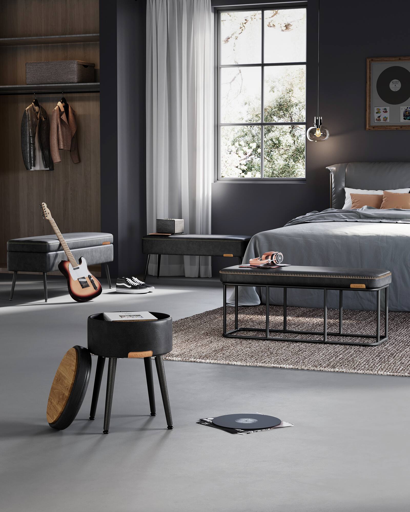 Alt View 2. Songmics Home - Bench for Entryway Bedroom, PU Leather, Ottoman Bench with Steel Frame, Living Dining Room, Mid-Century Modern, Black - Ink Black.